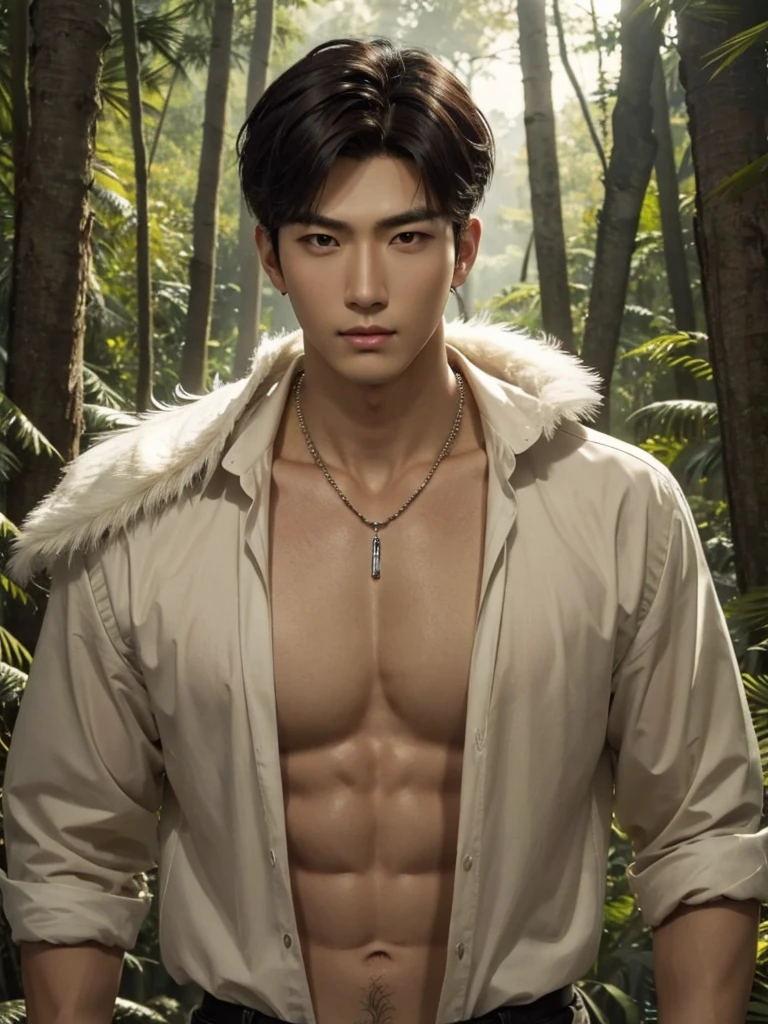Handsome korean,tall and strong,perfect male figure, eyes looking at camera, ((tanned skin)),forest,feather hair accessories,black hair,serious expression,necklace,Ray tracing