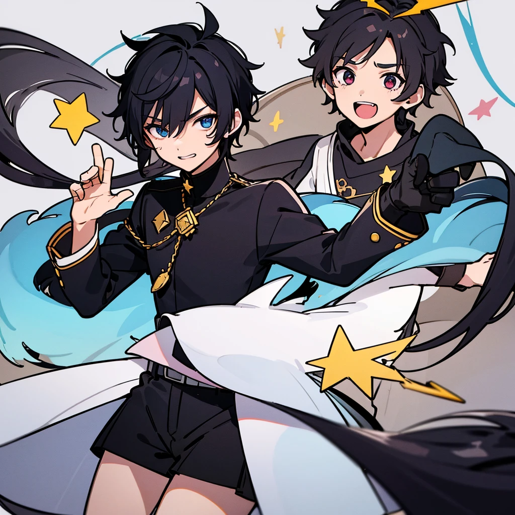 male character, black hair with white streak, four pointed star, eyes black, black tee, White background, halfbody
