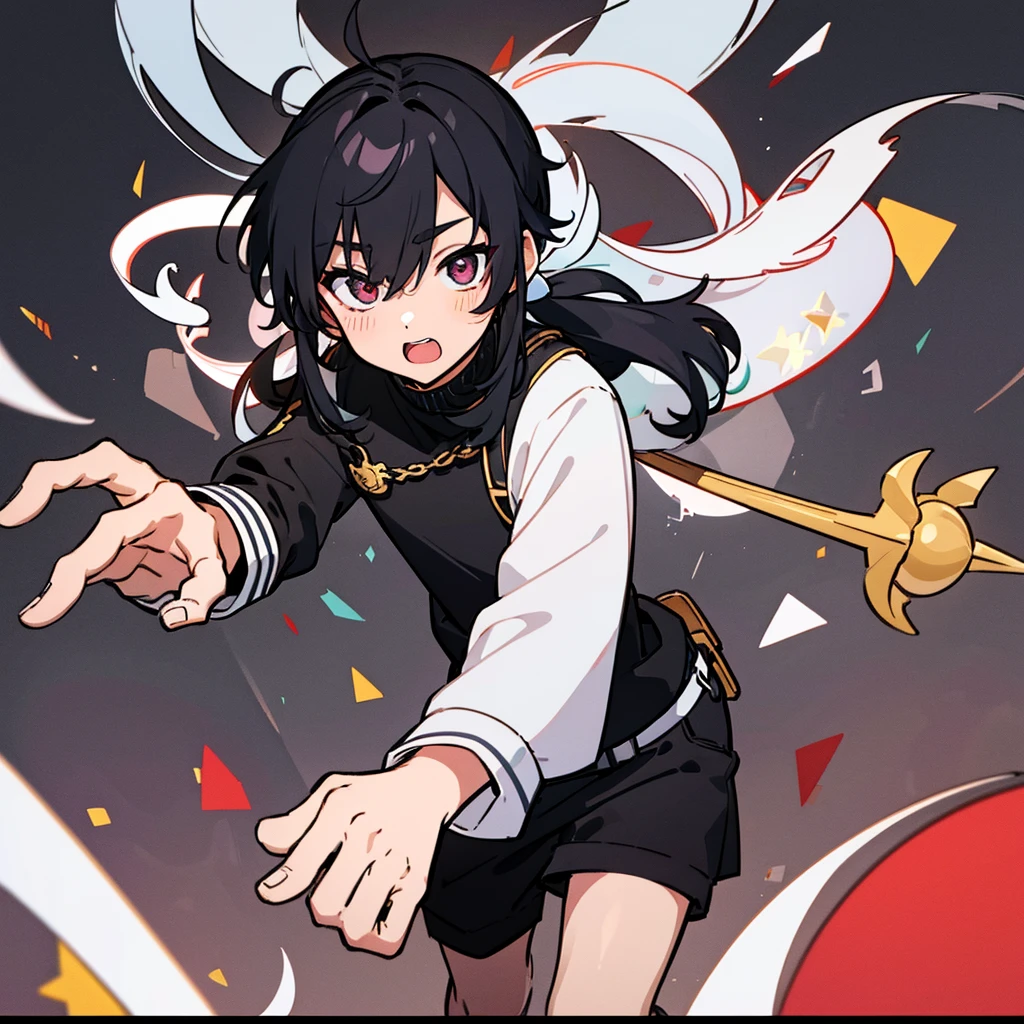 male character, black hair with white streak, four pointed star, eyes black, black tee, White background, halfbody