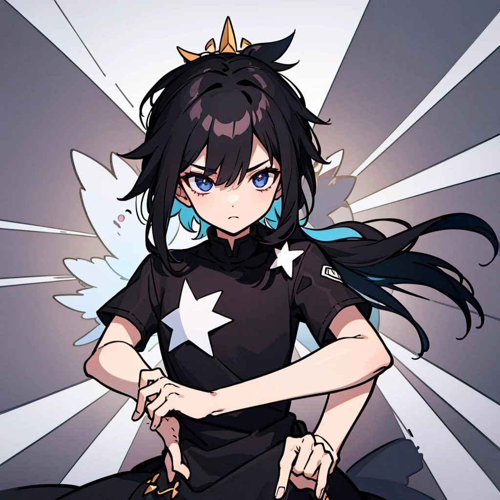 male character, black hair with white streak, four pointed star, eyes black, black tee, White background, halfbody