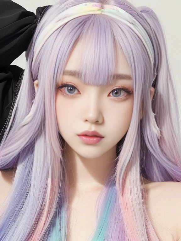 a closeup of a person with long hair and a headband, Sakimichan, fairy core, two color hair, ulzzang, pastel gothic aesthetic, anime inspired, Kawaii realistic portrait, beautiful dolphin, colorful cakes, long white hair and bangs, pale skin and purple eyes, kawaii aesthetic, two tone hair dye, long hair with pastel colors