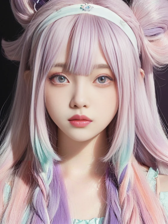 a closeup of a person with long hair and a headband, Sakimichan, fairy core, two color hair, ulzzang, pastel gothic aesthetic, anime inspired, Kawaii realistic portrait, beautiful dolphin, colorful cakes, long white hair and bangs, pale skin and purple eyes, kawaii aesthetic, two tone hair dye, long hair with pastel colors