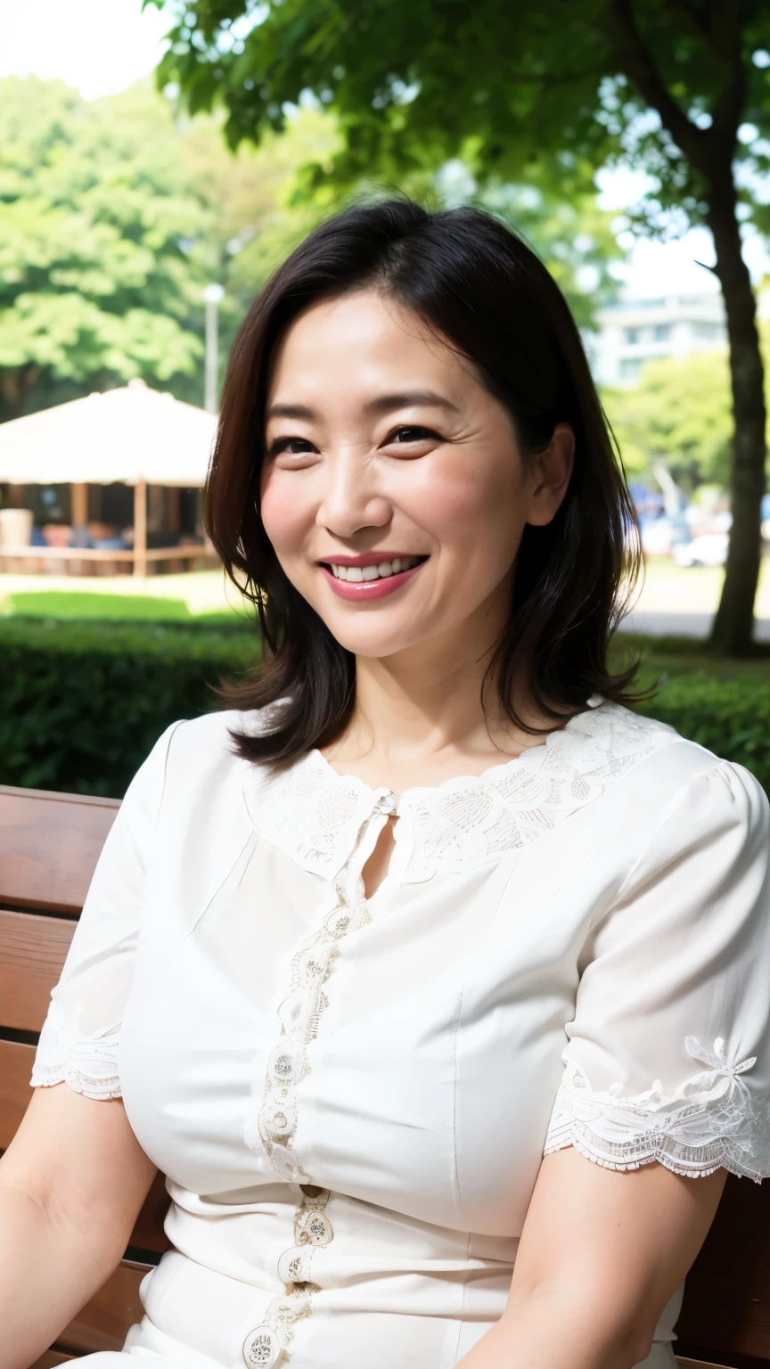 8k wallpaper, masterpiece, Highest quality, Super detailed, One Mature Woman, 50 years old, Become very clear, Wearing a short-sleeved blouse, Skin dents, Captivating smile, Looking at the audience, , plump, Curvaceous, Fascinating face, Smiling with teeth showing, Wrinkles around the eyes, Sitting on a park bench, Background Blur
