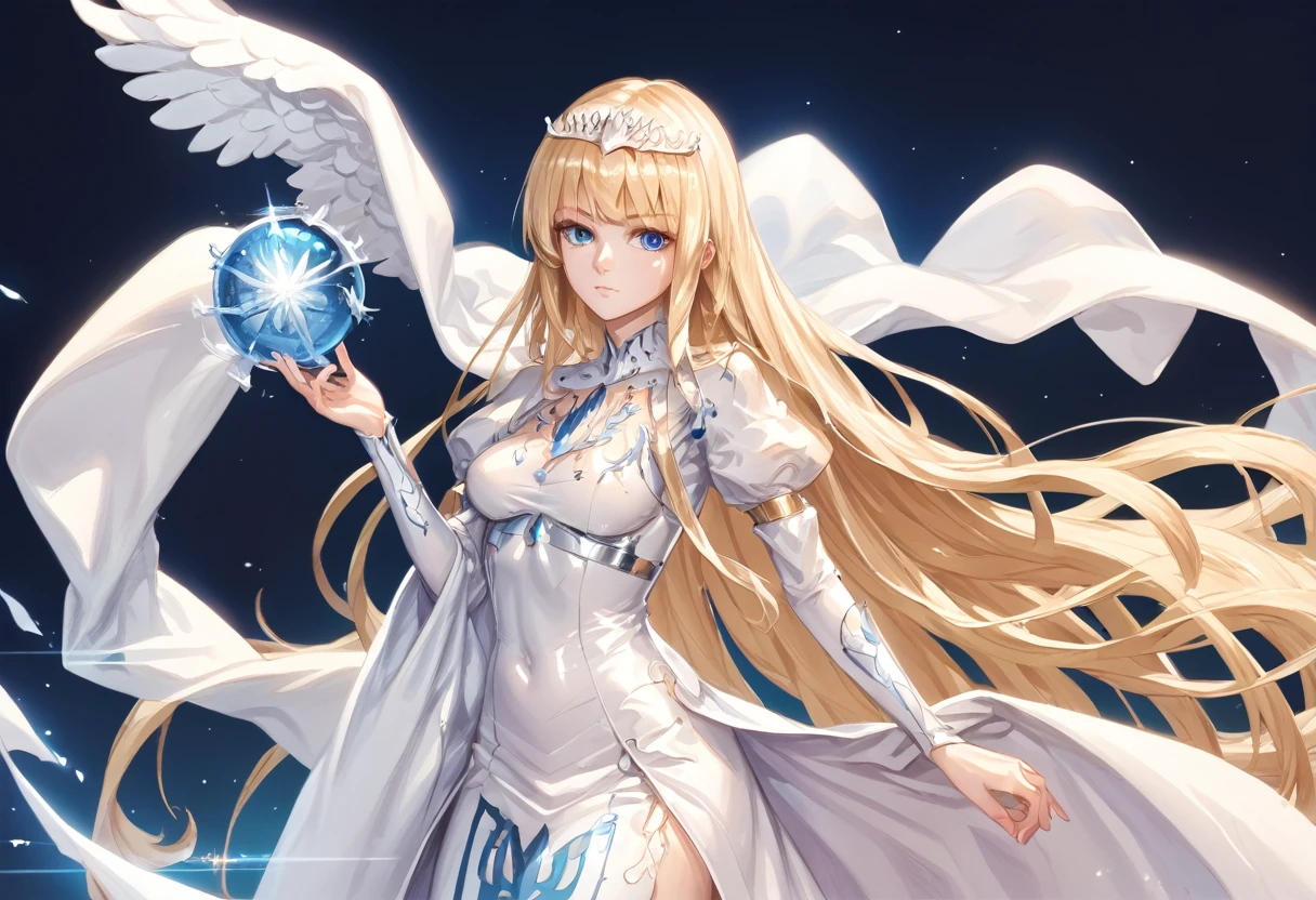  best quality, , score_9_up, shiny body, smooth body , perfect body, , anime_source ,,1girl,solo, calca, blonde hair, ,( extremely long hair:1.3), very long hair, extra long hair, white tiara, white dress, blue eyes,Calca Bessarez, medium breast,Calca