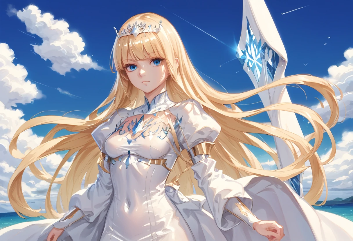  best quality, , score_9_up, shiny body, smooth body , perfect body, , anime_source ,,1girl,solo, calca, blonde hair, ,( extremely long hair:1.3), very long hair, extra long hair, white tiara, white dress, blue eyes,Calca Bessarez, medium breast,Calca