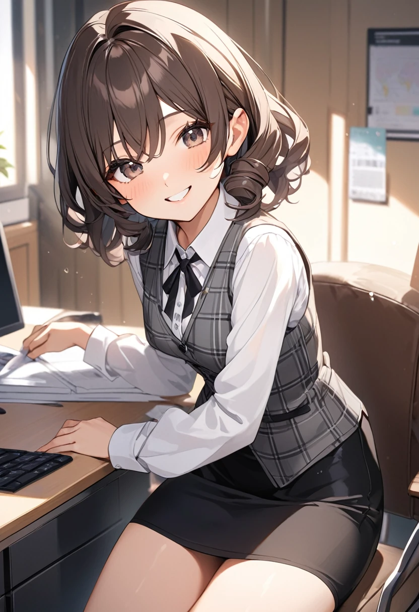 (Highest qualityのイラスト:1.2), (pretty girl:1.1), (1 girl、17 years old、Highest qualityのイラスト:1.2), (1 girl、smile、Small breasts、Very detailedな目:1.2)、{(((Dark brown hair)))、short hair、Wavy Hair、Curly Hair、Low Twintails}、Small breasts、(Highest quality、Very detailed、Very detailed and beautiful、Ultra-high resolution) 、BREAK wearing a [[white and gray plaid pattern]] vest over a long sleeve white collared-shirt), (buttoned gray vest:), (tight black pencil skirt)、office、Front facing、smile、
