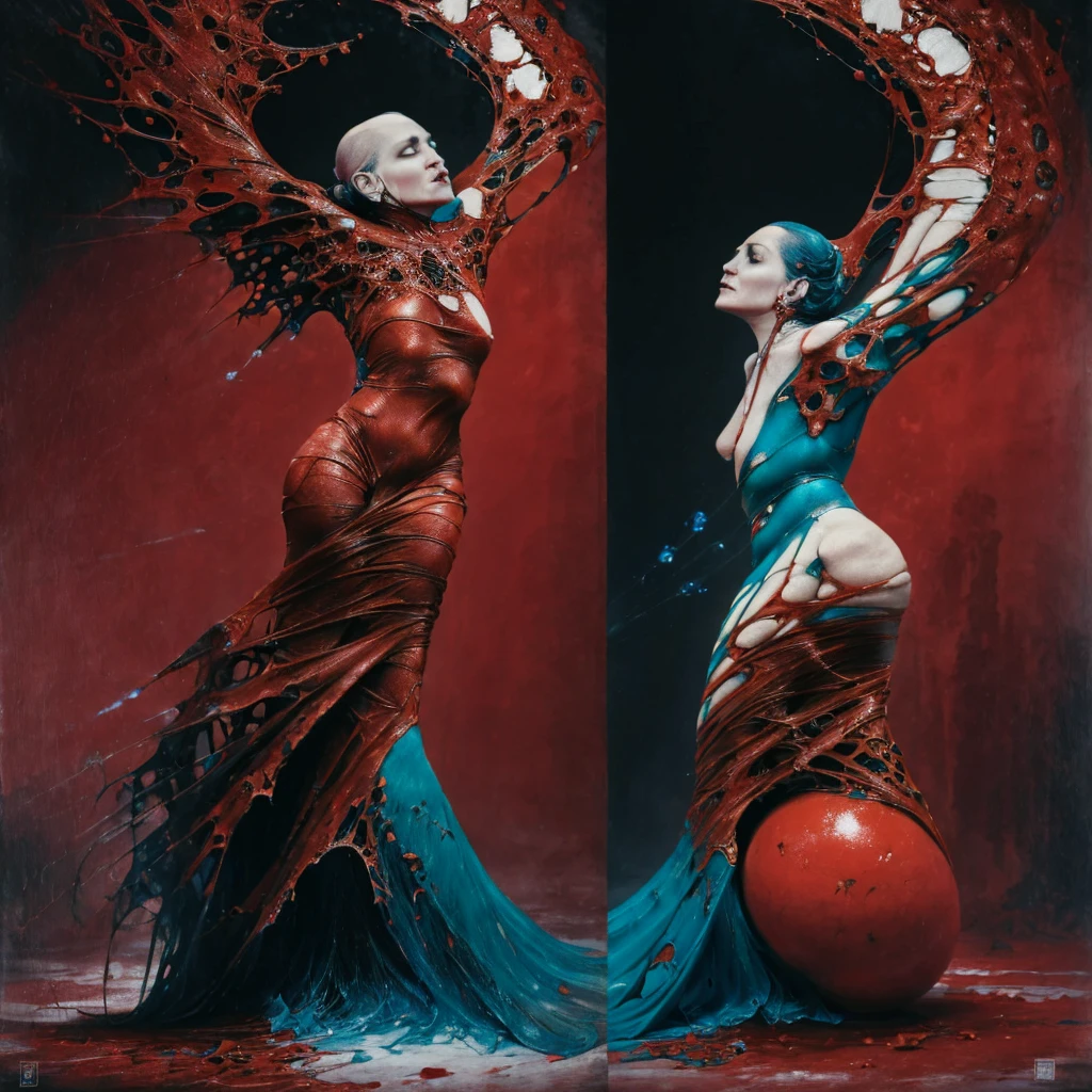 In a shocking contrast of elegance and turmoil, a Renaissance-style fragmented gothic woman of an abstract form is depicted in purgatory slowly dissolving into red dark jelly + ominous spectral dark matter. This captivating image portrays contortion in pain as the materials shift and blend. The high-quality photograph showcases the intricate details of the sculpture, from the delicate curves of her face to the flowing lines of her gown. The vibrant colors and striking imagery evoke a sense of deep emotion and artistic skill, drawing viewers into the gripping narrative of suffering and transformation. A harrowing Unsettling image (hyper realistic) (insanly detailed) (hyper stylized) (Macabre)