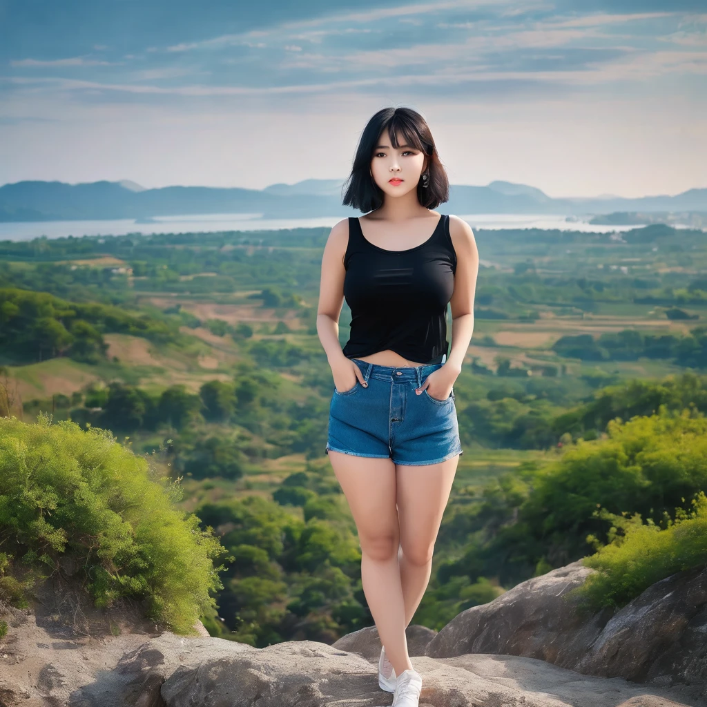21yo girl, black hair, (bob Hair). Wearing black t shirt, denim short pants. natural big breast, show big thigh, plump body. Standing pose. The natural scenery background is very beautiful and interesting