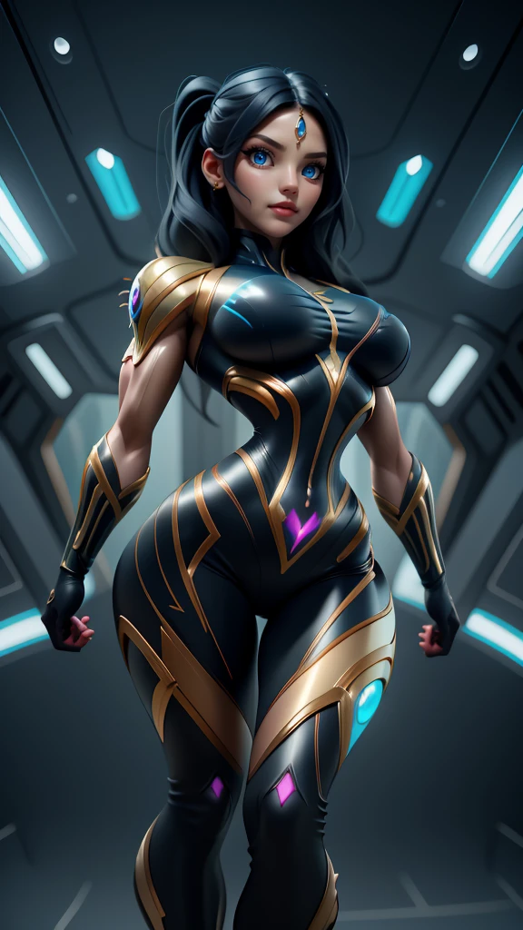 a beautiful feminine alien in a swimsuit, dynamic superheroine, full body, highly detailed facial features, piercing eyes, long eyelashes, full lips, sharp nose, mesmerizing expression, graceful pose, muscular toned body, flowing hair, intricate swimsuit design, glowing skin, black hair, dramatic lighting, cinematic atmosphere, vibrant colors, photorealistic, 8k, best quality, masterpiece