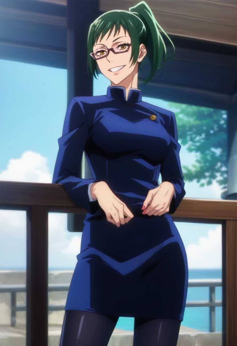 score_9, score_8_up, score_7_up, score_6_up, h1m3n0, 1girl, , mature female, Maki Zenin , green ponytail bang hair, glasses, yellow eyes, dark blue tight jujutsu uniform with tight skirt and black tights, perfect model body, naughty smile, balcony, standing in seductive pose