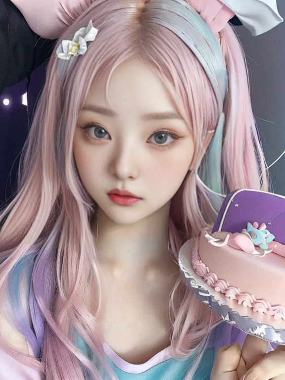 a closeup of a person with long hair and a headband, Sakimichan, fairy core, two color hair, ulzzang, pastel gothic aesthetic, anime inspired, Kawaii realistic portrait, beautiful dolphin, colorful cakes, long white hair and bangs, pale skin and purple eyes, kawaii aesthetic, two tone hair dye, long hair with pastel colors