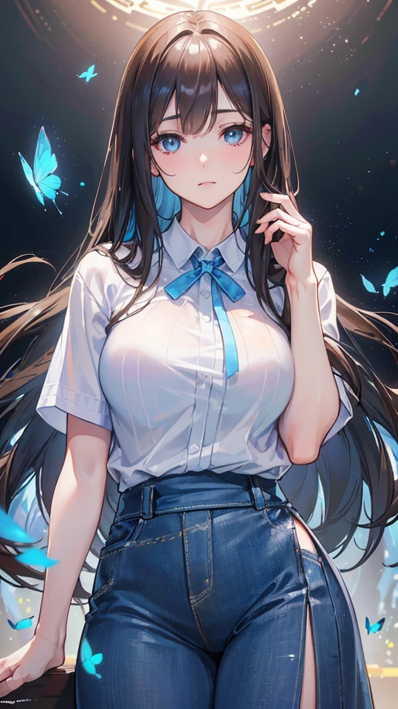 a beautiful woman with long brown hair and bangs, blue eyes, wearing casual clothing, surrounded by blue butterflies flying around, extremely detailed, hyper realistic, 8k, (best quality,4k,8k,highres,masterpiece:1.2),ultra-detailed,(realistic,photorealistic,photo-realistic:1.37),HDR,studio lighting,professional,vivid colors,bokeh,portrait