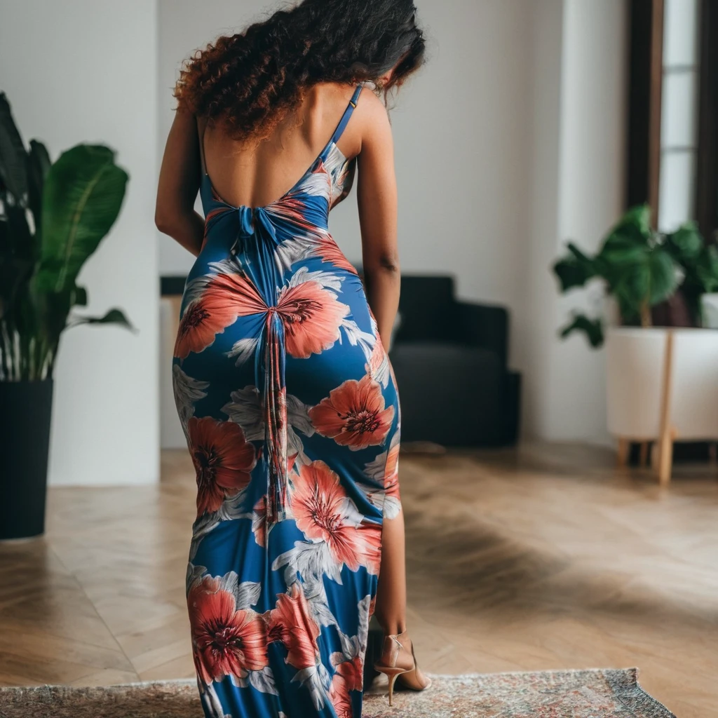 Rear view shot of a young woman bending over in a maxi bodycon dress