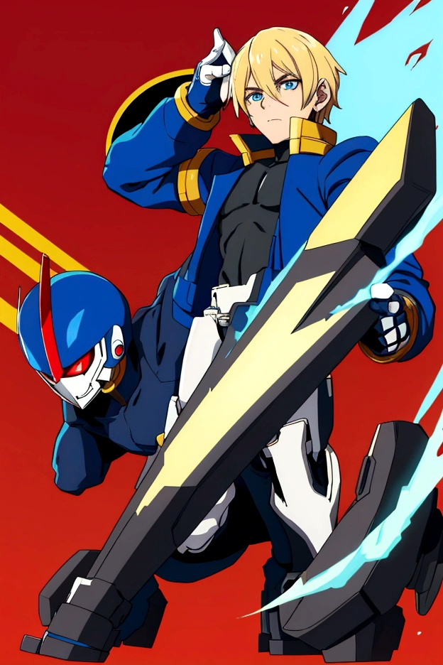 The male reploid has blue eyes, your body is slim and stylized, blondie hair,black like he&#39;s wearing spandex that color, he has a blue and black jacket that only reaches the top half of his body, He has a somewhat plain blue and black helmet with a triangle-shaped red gem in the center, your helmet also leaves your face exposed, he wears a white groin protector like Zero and has white stripes on his thighs, he has boots that don&#39;t reach that far up to his knees, black and blue last. His right arm is a Mega Buster, equally green and a red saber.