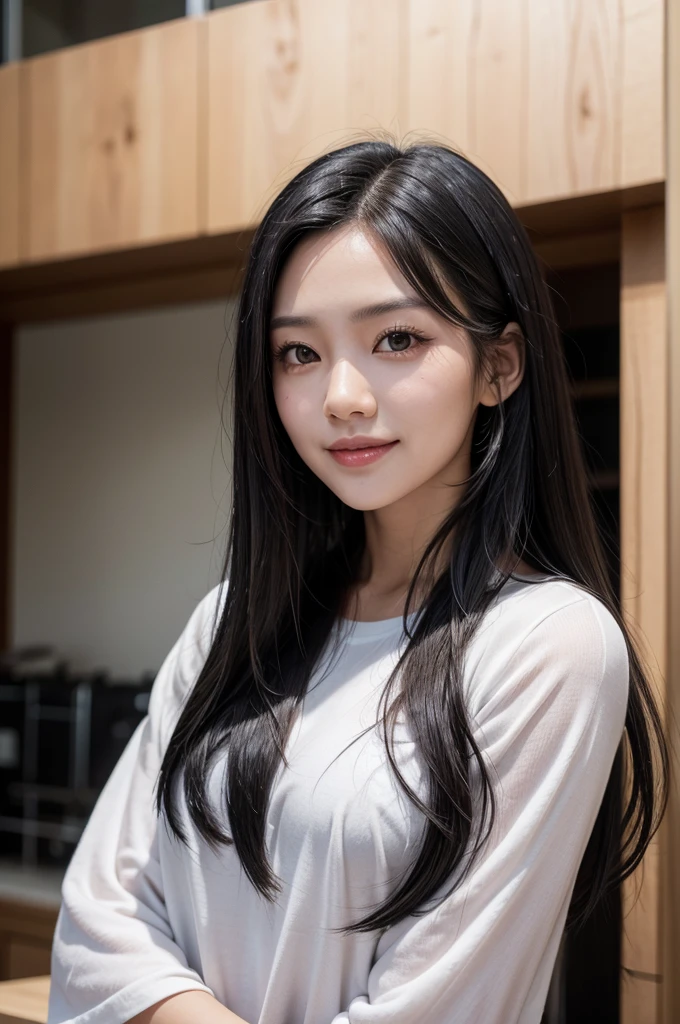 adult woman, black, longye hair, slickedback hair, black hair color, smooth skin, black eyes, sorrido, realisitic