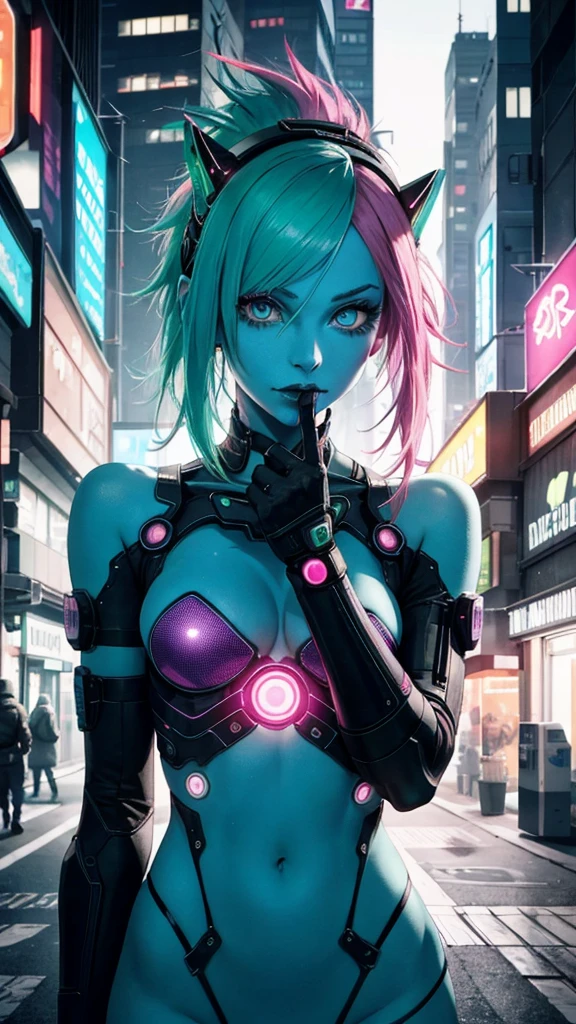 (nsfw): 1.5, Realistic characters, Green hair and pink hair, hints of cyber punk fashion, blue eyes gleaming with an otherworldly glow, alone in a dimly lit, futuristic cityscape, detailed facial features showcasing a mix of emotions, from curiosity to defiance, modern technology and neon lights casting an eerie yet captivating glow.