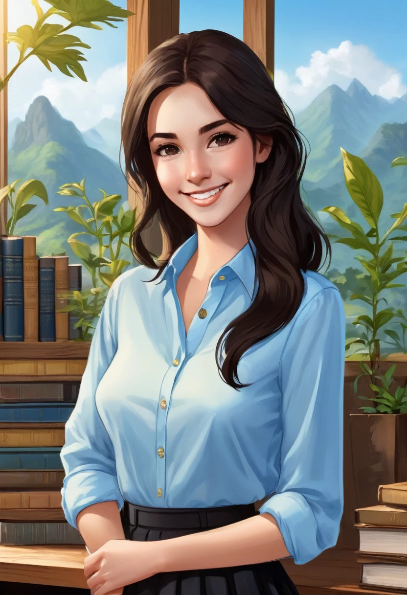 a woman with dark brown hair, smooth and long, Grinning, wearing a light blue button-down shirt and a black skirt. The scenery in the background includes a wooden shelf with books and a plant. The avatar should capture the woman&#39;s professional and friendly appearance, highlighting your confident posture and serene facial expressions.