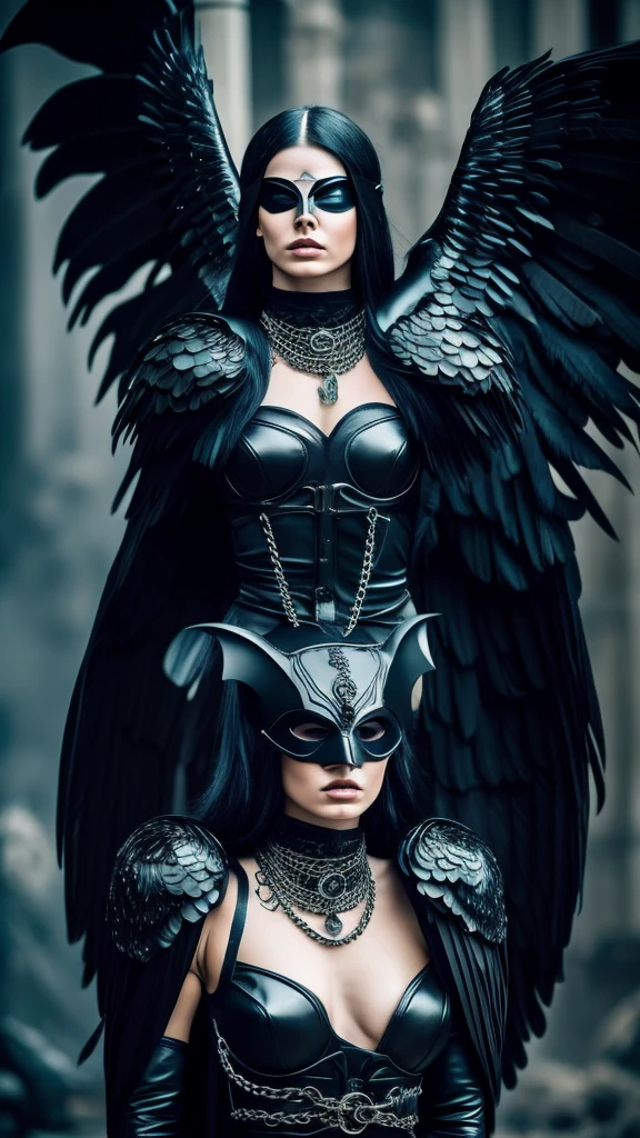 beautiful fallen angel, Masterpiece, Best Quality, perfect lighting, NSFW, mask that covers the eyes, perfect body, perfect face, Raven wings, vulture wings, huge bird wings, bat wings, shapely arms and legs, huge feathers, burning feathers, A sinister aura, something, chained, Deity, cult clothing, whole body