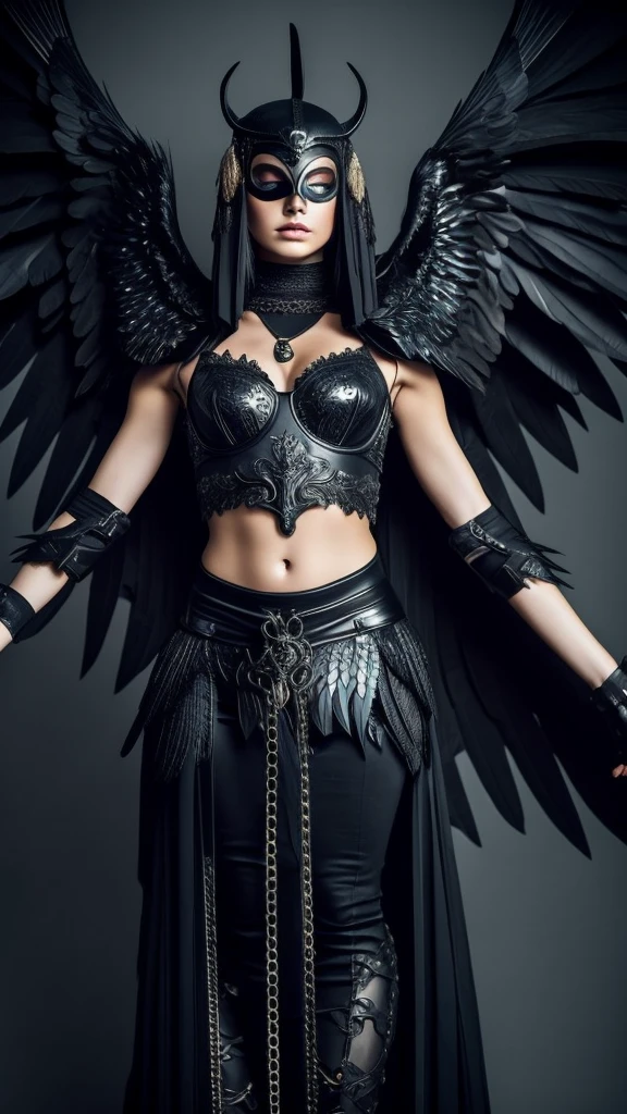 beautiful fallen angel, Masterpiece, Best Quality, perfect lighting, NSFW, mask that covers the eyes, perfect body, perfect face, Raven wings, vulture wings, huge bird wings, bat wings, shapely arms and legs, huge feathers, burning feathers, A sinister aura, something, chained, Deity, cult clothing, whole body