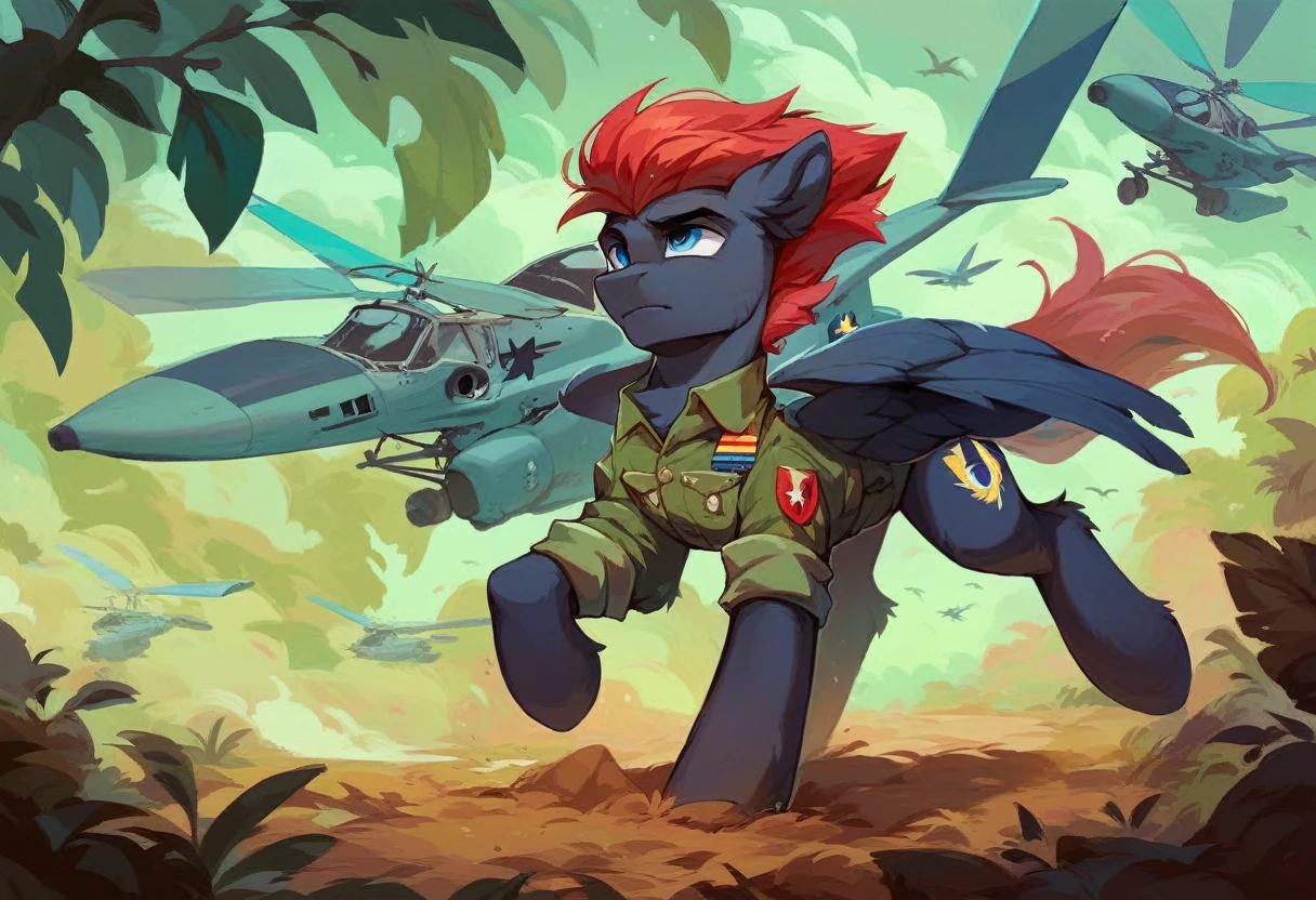 Male alicorn pony, black fur, red hair, blue eyes, army uniform, standing on a dirt airplane runway, dust storm, jungle, army jeeps in background, helicopter coming to land, close-up facial portrait