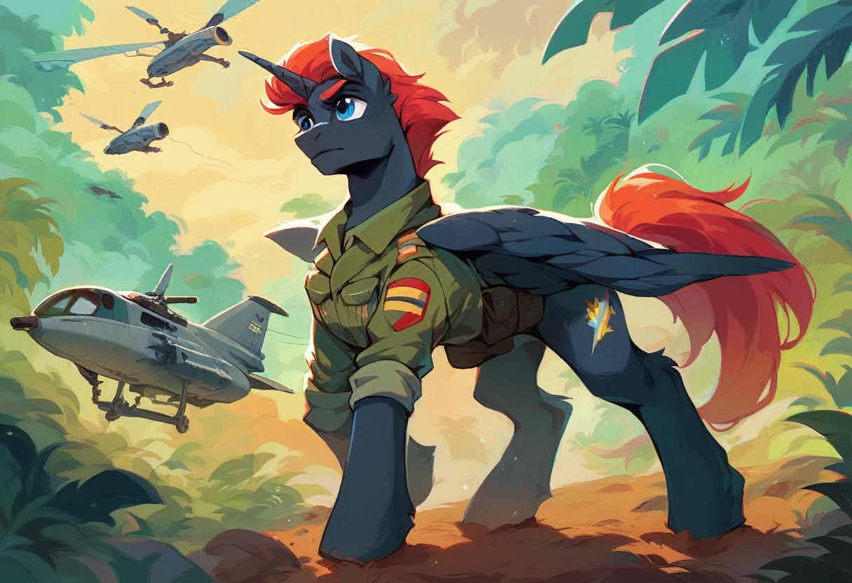 Male alicorn pony, black fur, red hair, blue eyes, army uniform, standing on a dirt airplane runway, dust storm, jungle, army jeeps in background, helicopter coming to land, close-up facial portrait