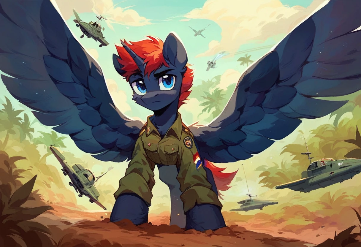 Male alicorn pony, black fur, red hair, blue eyes, army uniform, standing on a dirt airplane runway, dust storm, jungle, army jeeps in background, helicopter coming to land, close-up facial portrait