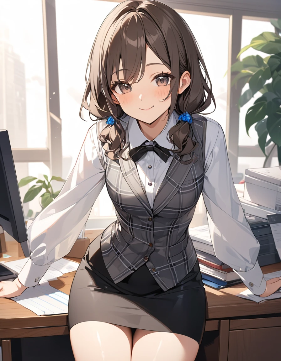 (Highest qualityのイラスト:1.2), (pretty girl:1.1), (1 girl、17 years old、Highest qualityのイラスト:1.2), (1 girl、smile、Small breasts、Very detailedな目:1.2)、{(((Dark brown hair)))、short hair、Wavy Hair、Curly Hair、Low Twintails}、Small breasts、(Highest quality、Very detailed、Very detailed and beautiful、Ultra-high resolution) 、BREAK wearing a [[white and gray plaid pattern]] vest over a long sleeve white collared-shirt), (buttoned gray vest:), (tight black pencil skirt)、office、Front facing、smile、
