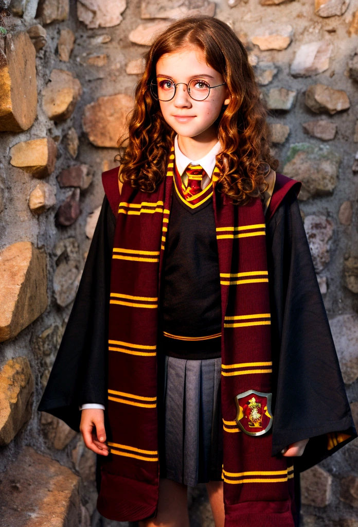 Masterpiece of allure, (10-year-old:1.2), mary elizabeth winstead, (freckles on cheeks, curly dark-brown hair:1.2), (brown eyes, wear glasses:1.2), (Irish tween girl fitness model), (wearing a Gryffindor uniform: 1.2), photorealistic, full body, a captivating smile lingers at the corner of her lips, ultra-high-resolution, film stock photography, F2.8 lenses, vibrant colors, realistic, by a renowned artist.