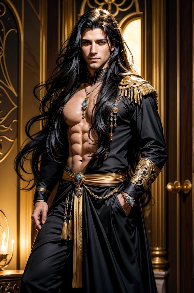 Mediovale, confident, seducer, Man with long black hair, vestindo couro como um ladino Mediovale, golden yellow eyes, Youngh, beautiful impressive realistic, handsome man, handsome man, handsome man, lindo Youngh, attractive long hair