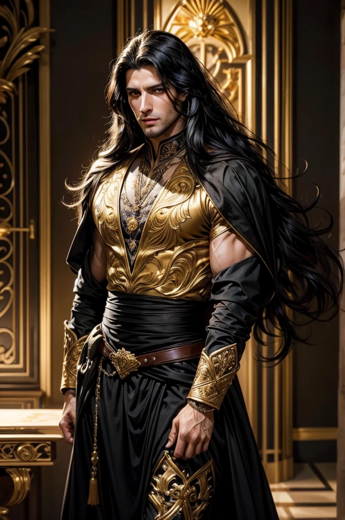 Mediovale, confident, seducer, Man with long black hair, vestindo couro como um ladino Mediovale, golden yellow eyes, Youngh, beautiful impressive realistic, handsome man, handsome man, handsome man, lindo Youngh, attractive long hair