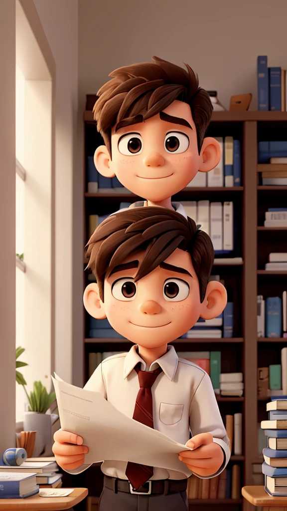 A student boy, in the school library, finds a sheet of paper and takes it in his hand. He is reading the paper and memorizing it. He's concentrated, he's not smiling.