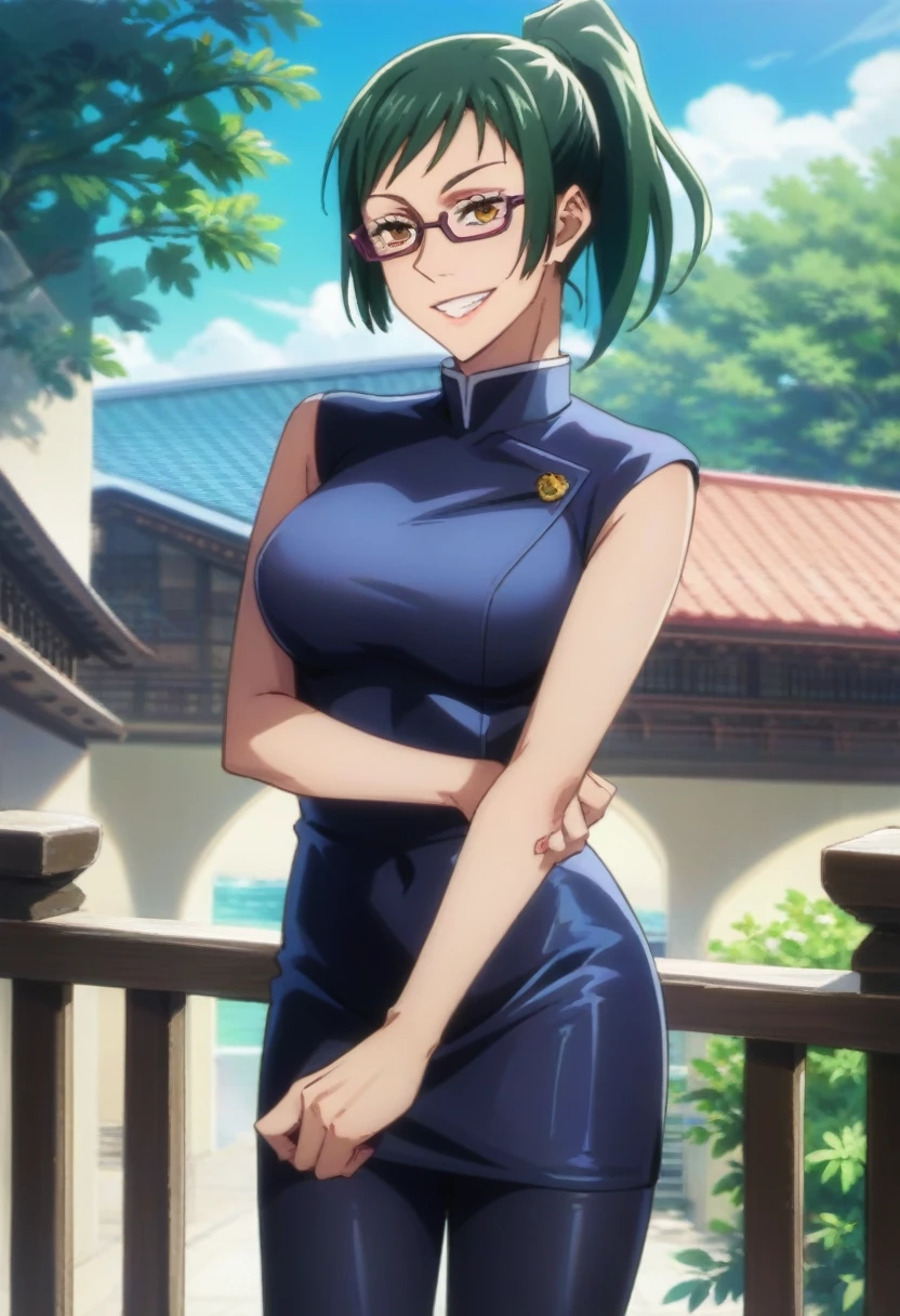 score_9, score_8_up, score_7_up, score_6_up, h1m3n0, 1girl, , mature female,  Maki Zenin , green ponytail bang hair, glasses, yellow eyes, dark blue tight jujutsu uniform with tight skirt and black tights, perfect model body, naughty smile, balcony, standing in seductive pose