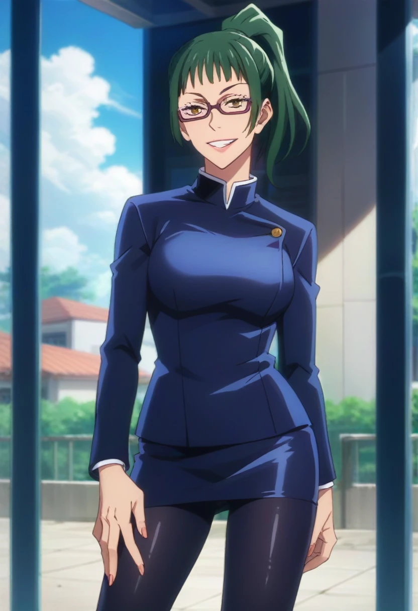 score_9, score_8_up, score_7_up, score_6_up, h1m3n0, 1girl, , mature female,  Maki Zenin , green ponytail bang hair, glasses, yellow eyes, dark blue tight jujutsu uniform with tight skirt and black tights, perfect model body, naughty smile, balcony, standing in seductive pose