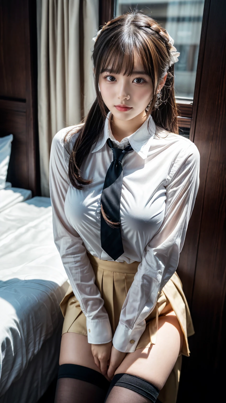 nsfw, (masterpiece), (realistic), (Highly detailed 8k), strong photo studio lighting, in the night, sitting on the bed, total body, a 20 years old gravure girl, light brown hair, brown eyes, slender, slender arms, big breasts, BREAK (white and gray theme:1.3), (wearing a white collared-shirt:1.4), BREAK (tight dark navy pencil skirt:1.5), (sheer dark navy pantyhose:1.3), opened legs, no bra, no pan, pubic hair, pointy breasts, erected nipples, (sow off pussy),