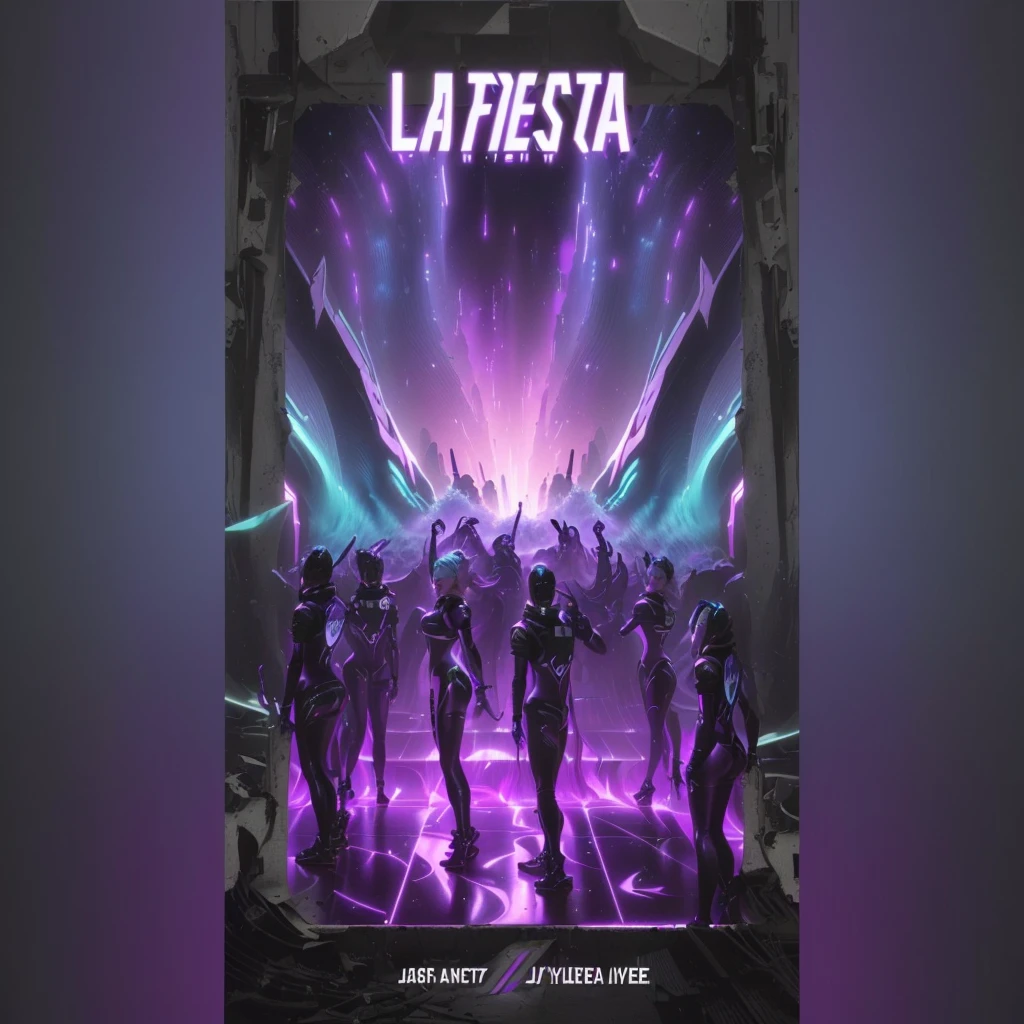 a poster for la fiestaa featuring dancers in a futuristic setting, album art, ( ( ( synthetic wave ) ) ), por Jack C. Left-handed, Official Art, 🕹️ 😎 🔫 🤖 🚬, promo, music album cover, art cape, music album art, album art cape, album, by Juan Villafuerte, (synthetic wave)