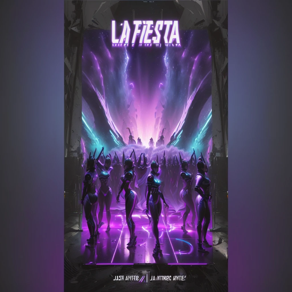 a poster for la fiestaa featuring dancers in a futuristic setting, album art, ( ( ( synthetic wave ) ) ), por Jack C. Left-handed, Official Art, 🕹️ 😎 🔫 🤖 🚬, promo, music album cover, art cape, music album art, album art cape, album, by Juan Villafuerte, (synthetic wave)