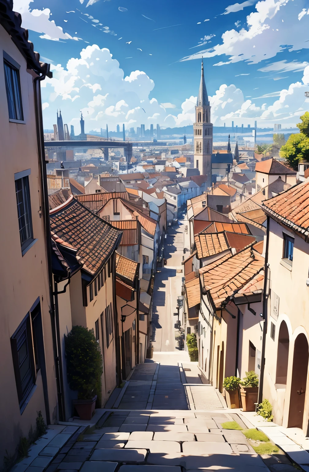 European cityscape、Old Townscape、Brick、Blue sky、White cloud、kind、Quite old、Distant View、