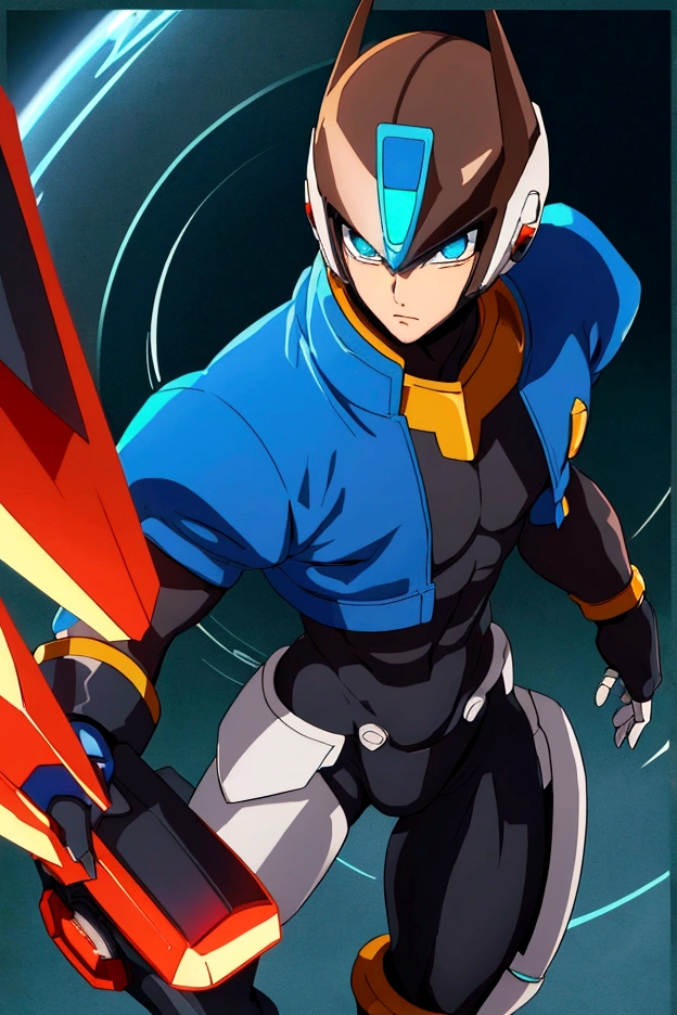 The male reploid has blue eyes, your body is slim and stylized, brown hair ,black like he&#39;s wearing spandex that color, he has a blue and black jacket that only reaches the top half of his body, He has a somewhat plain blue and black helmet with a triangle-shaped red gem in the center, your helmet also leaves your face exposed, he wears a white groin protector like Zero and has white stripes on his thighs, he has boots that don&#39;t reach that far up to his knees, black and blue last. His right arm is a Mega Buster, equally green and a red saber.