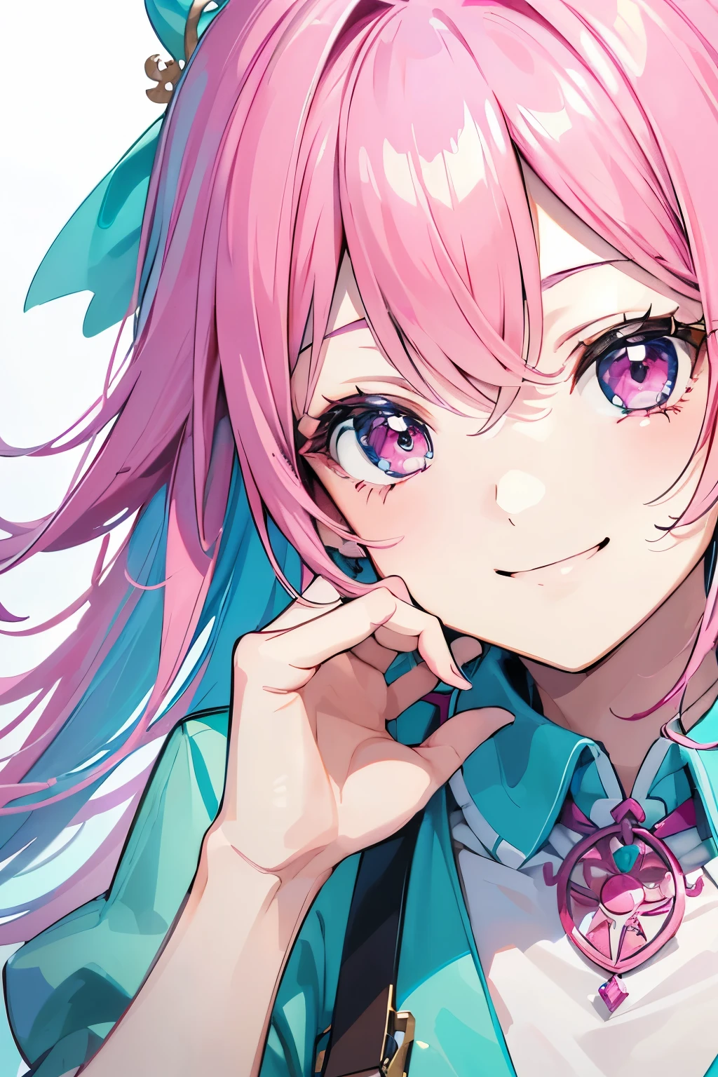 (T Masterpiece，4k wallpaper，best quality))、((girl１pink))、(solo)、Brilliant，(Aqua hair)、(shortcut:1.3)、(smile:1.3)、close up of face