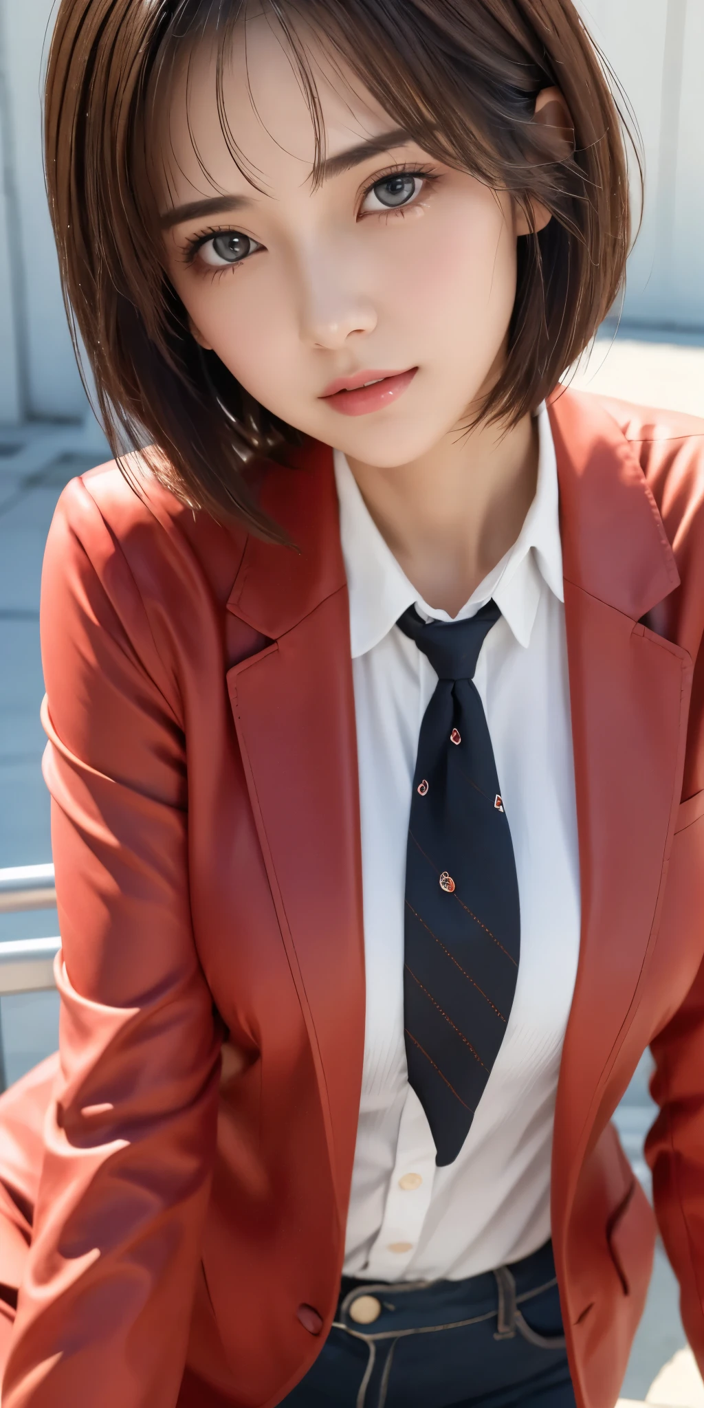 Photorealistic、Highest quality、Highest quality、masterpiece、Ultra-high resolution、Raw photo、Realistic、Bright lighting、Face Light、Smooth Professional Lighting、Looking at the camera、alone、Adult women、Beautiful woman、Super Beauty、Realistic肌、Moisturized Skin、Realistic eyes and faces、Perfect model body shape、Beautiful Eyes、Big eyes、Inconspicuous tear bags、slim、Big Breasts、No bra、No makeup、Very short hair、Black Hair、Black Eye、looks fun、The ears are hidden in the hair、Red jacket、White shirt、blazer、tie、