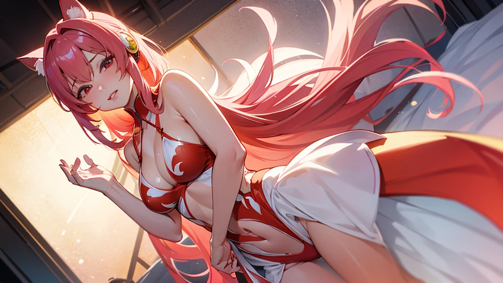 Nine-Tailed Fox、headphone、Reggae print bikini、Portrait of a beautiful 16 year old girl , detailedな背景画、Red Eyes, detailedな目、detailedな手脚、Accentuate the cleavage、Tan Skin、Bright red lips, (masterpiece) (Highest quality) (detailed) (8K) (High resolution) (Cinema Lighting) (Sharp focus)、Ash Hair、(Inner Color: pink), ((blush: 0.8)), Natural skin texture, Transparent skin、Delicate, rolled up、luxury、whole body、High angle、