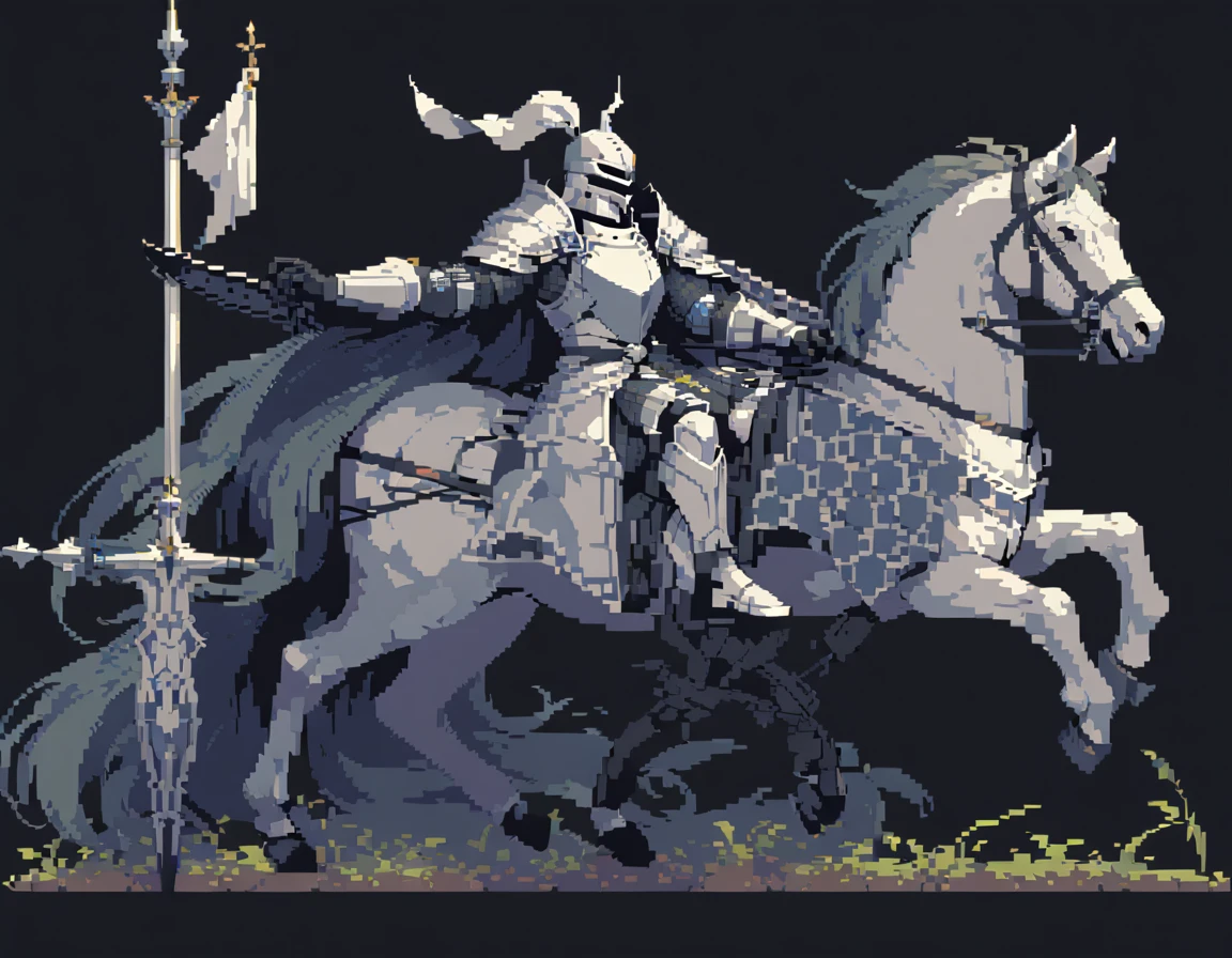 Pixel Art,Pixelated,8 bit,Retro game,Dim colors,Retro Style,Pixel animation,Low resolution，Dark Style，knight，拿剑的knight，black background，Pure black background