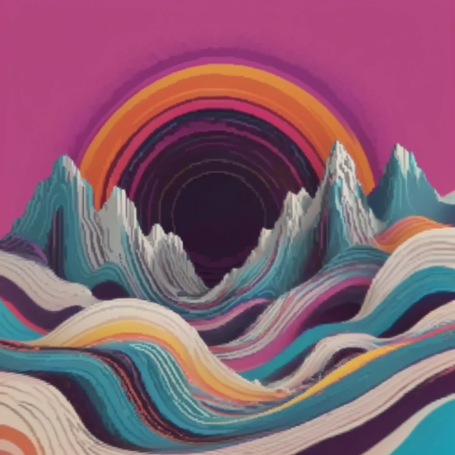 a close up of a mountain with a sun in the background, psychedelic landscape, jen bartel, psychedelic illustration, detailed dreamscape, 3d grainy aesthetic illustration, psychedelic waves, colorful flat surreal ethereal, otherworldly visuals, lsd waves, beeple colors, infinite psychedelic waves, beeple |, psychedelic surreal art, kilian eng vibrant colours