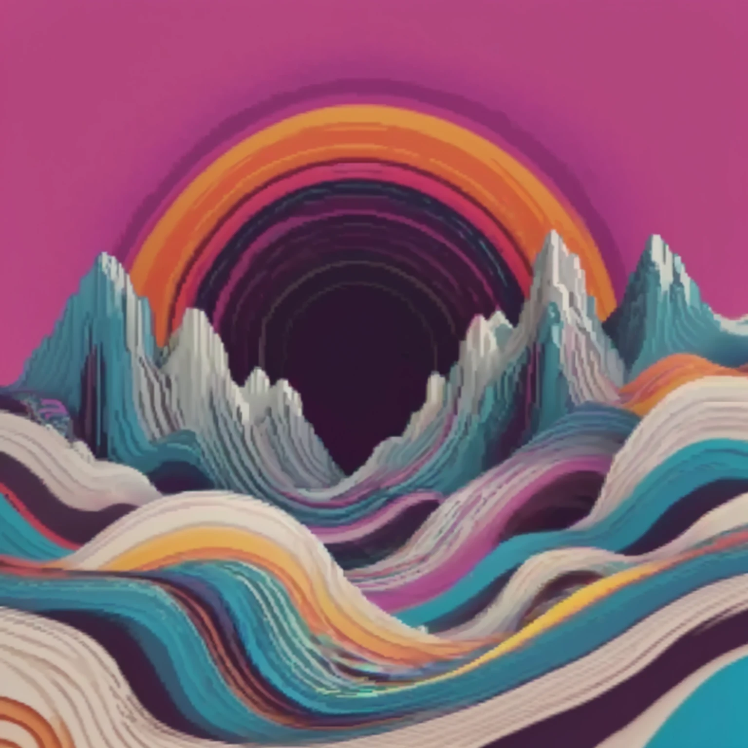 a close up of a mountain with a sun in the background, psychedelic landscape, jen bartel, psychedelic illustration, detailed dreamscape, 3d grainy aesthetic illustration, psychedelic waves, colorful flat surreal ethereal, otherworldly visuals, lsd waves, beeple colors, infinite psychedelic waves, beeple |, psychedelic surreal art, kilian eng vibrant colours