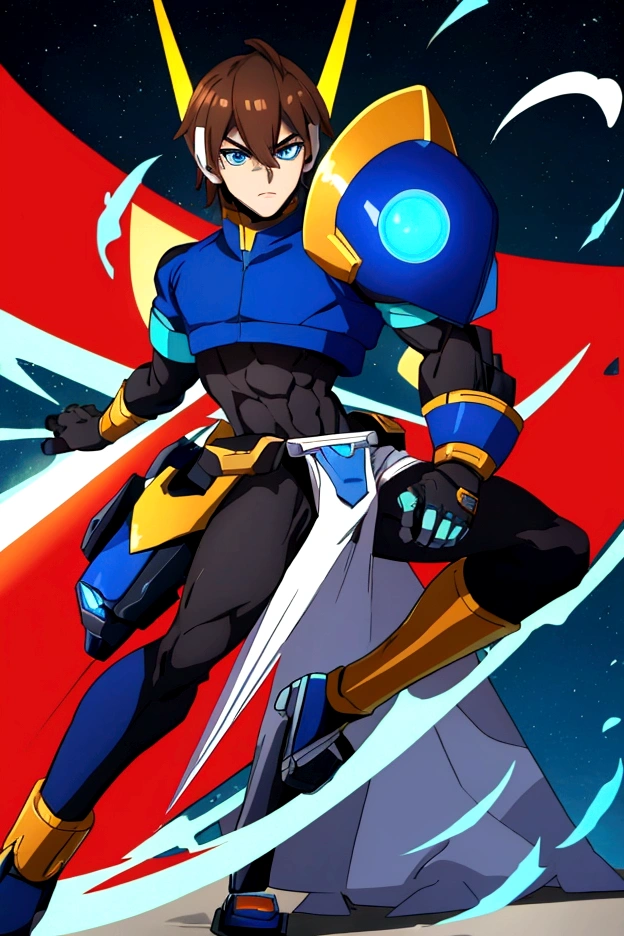 The male reploid has blue eyes, your body is slim and stylized, brown hair ,black like he&#39;s wearing spandex that color, he has a blue and black jacket that only reaches the top half of his body, He has a somewhat plain blue and black helmet with a triangle-shaped red gem in the center, your helmet also leaves your face exposed, he wears a white groin protector like Zero and has white stripes on his thighs, he has boots that don&#39;t reach that far up to his knees, black and blue last. His right arm is a Mega Buster, equally green and a red saber.