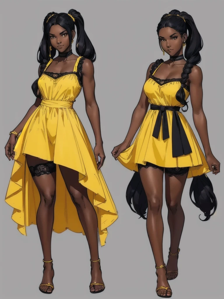 ((best quality)), ((4k)), ((highres)), ((masterpiece:1.2)). ((detailed)), ((ultra realistic)), ((intricate details)), ((full body picture)), ((character design sheet)), ((blank background)), ((standing in a blank background)), full body shot of a beautiful black female, ebony beauty, woman, 18 years old girl, dark brown skin, about 5'5 ft. tall, smirk on her face, ((smirking)), long curly black hair, ((long curly hair)), long hair, high pigtails, (((high pigtails)), dressed in a yellow sleeveless babydoll dress, ((EMPHASIS ON HER YELLOW SLEEVELESS BABYDOLL DRESS)), black leather belt on her waist, bare legs and bare feet, ((BAREFEET)), fighting game character design, tekken character design, the king of fighters character concept art, character concept art, full body, 18 years old female fighter, girly girl, cute girl, girly fighter character concept art