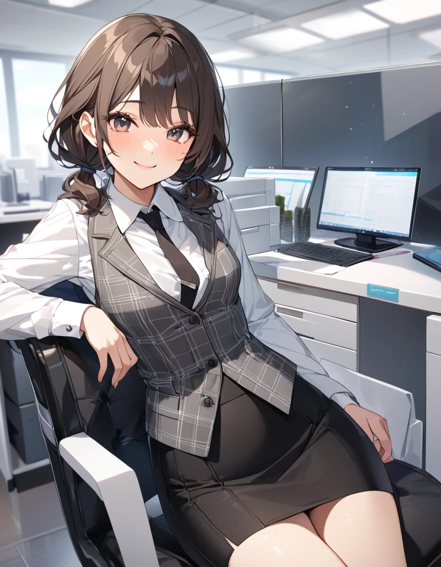 (Highest qualityのイラスト:1.2), (pretty girl:1.1), (1 girl、、Highest qualityのイラスト:1.2), (1 girl、smile、Small breasts、Very detailedな目:1.2)、{(((Dark brown hair)))、short hair、Wavy Hair、Curly Hair、Low Twintails}、Small breasts、(Highest quality、Very detailed、Very detailed and beautiful、Ultra-high resolution) 、BREAK wearing a [[white and gray plaid pattern]] vest over a long sleeve white collared-shirt), (buttoned gray vest:), (tight black pencil skirt)、office、Front facing、smile、
