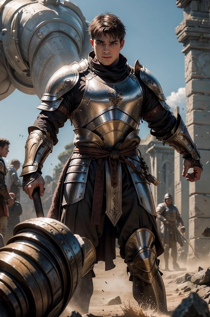 It was a fantastic medieval era, a 19-year-old warrior man, white, strong, medium brown hair, with his plate armor broken, fighting against a 200 meter tall colossus, holding the colossus's punch with both hands, with all his strength. strength, in fury