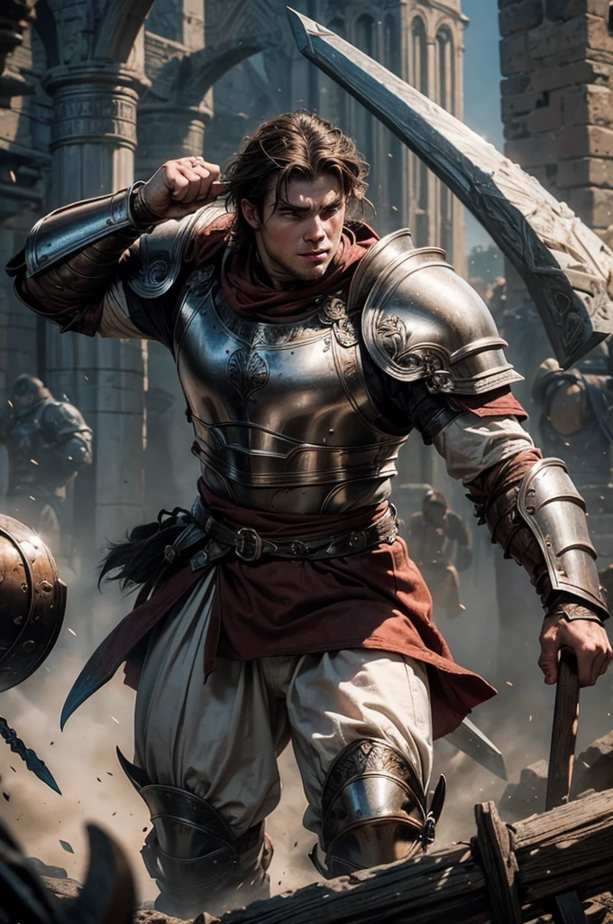 It was a fantastic medieval era, a 19-year-old warrior man, white, strong, medium brown hair, with his plate armor broken, fighting against a 200 meter tall colossus, holding the colossus's punch with both hands, with all his strength. strength, in fury