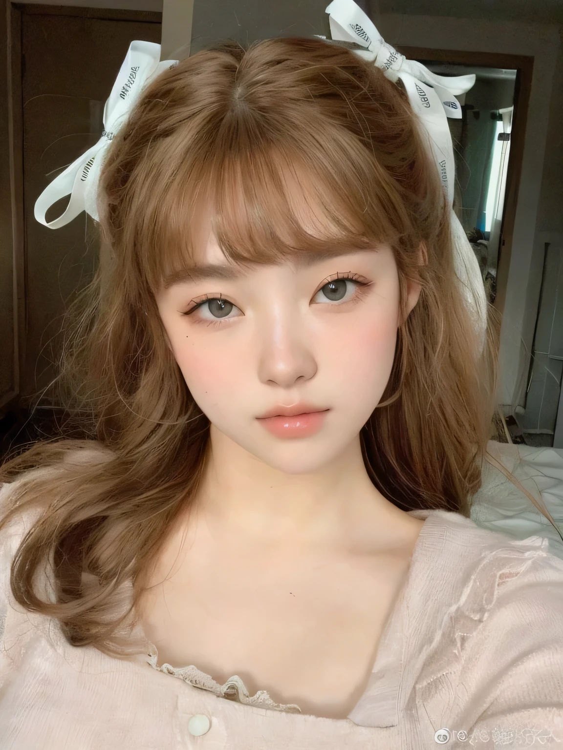 there's a young girl with a bow on her head, ulzzang, cute natural anime face, young lovely korean face, retrato realista maquiagem sul-korean popular, lindo rosto delicado, maquiagem korean popular, fluffy bangs, clear and cute face, neat hair with bangs, korean, adorable and pale korean face, cute face girl